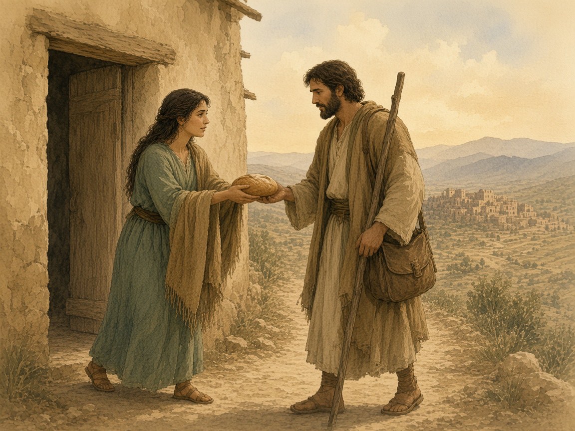 A woman gives bread and a cloak to a traveler at a doorway.