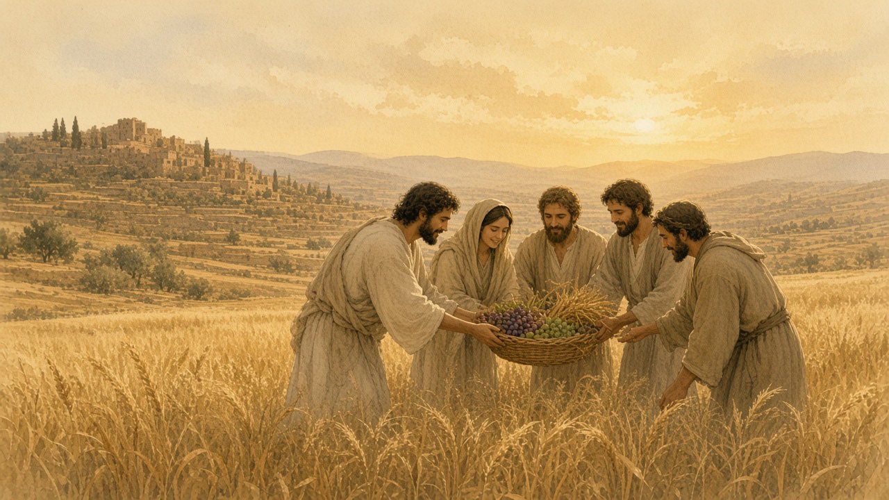 People lift a small basket of grapes and grain in a field at golden hour.
