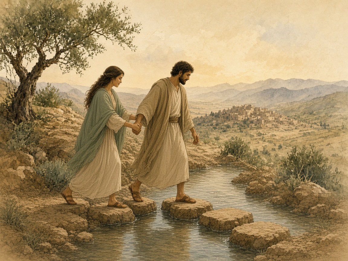 A woman takes a man's hand to cross a stream on stepping stones.