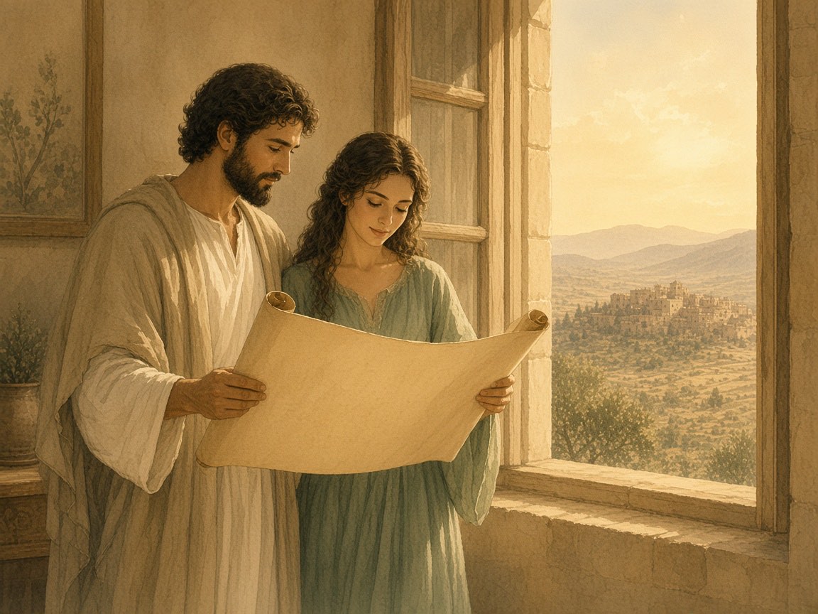 A man and a woman stand in morning light beside a window.