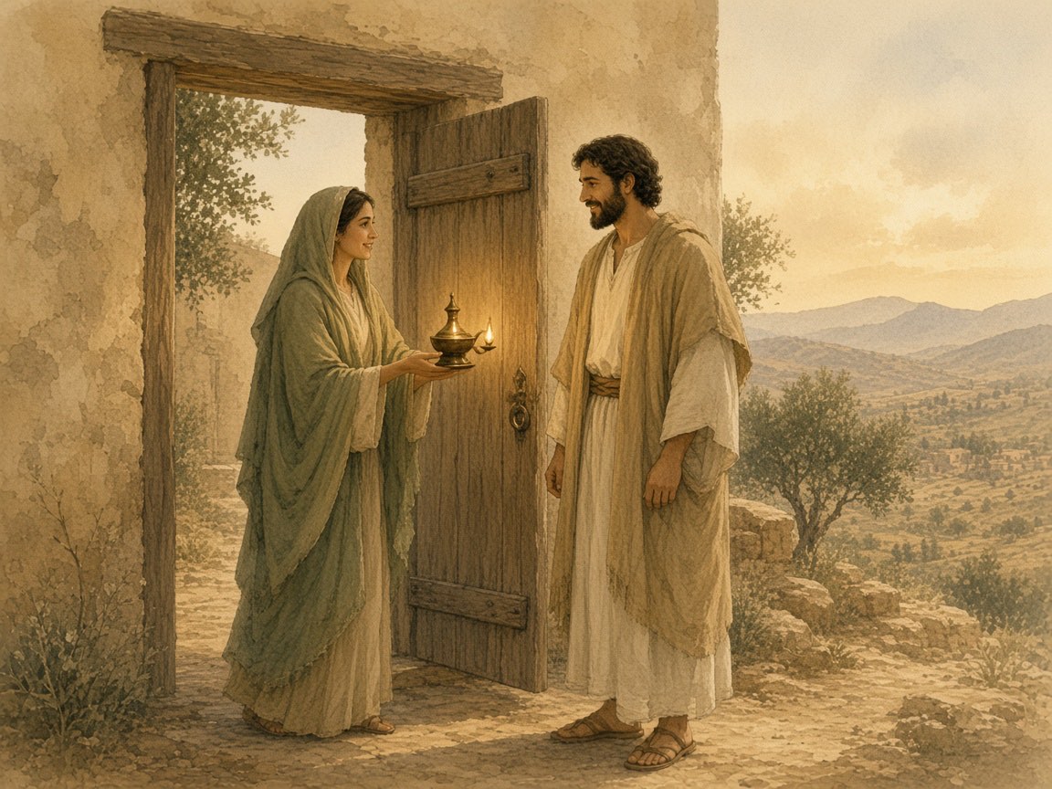 A woman with a lamp welcomes a man home at an open gate.