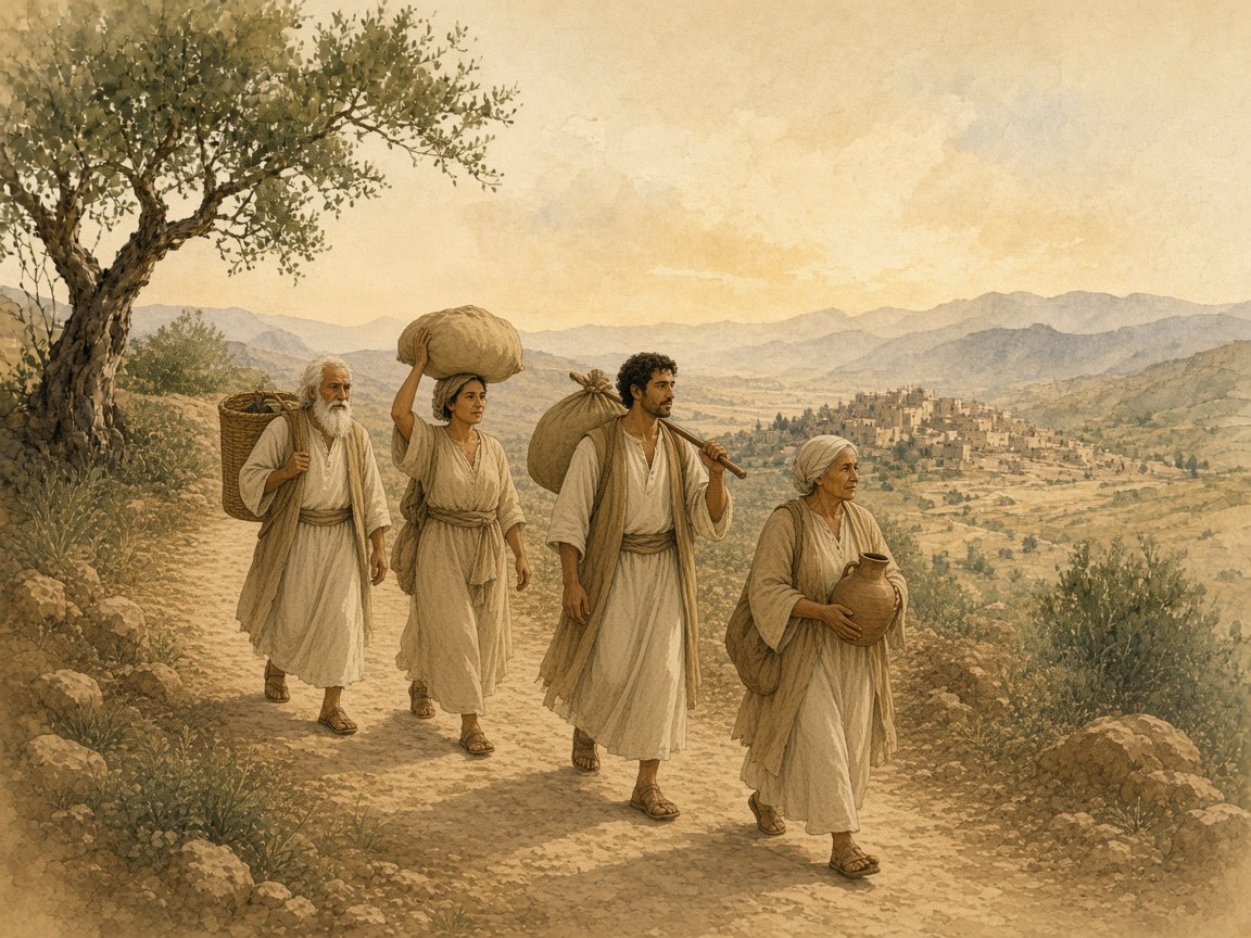 Men and women walk the same road, each carrying a different bundle.
