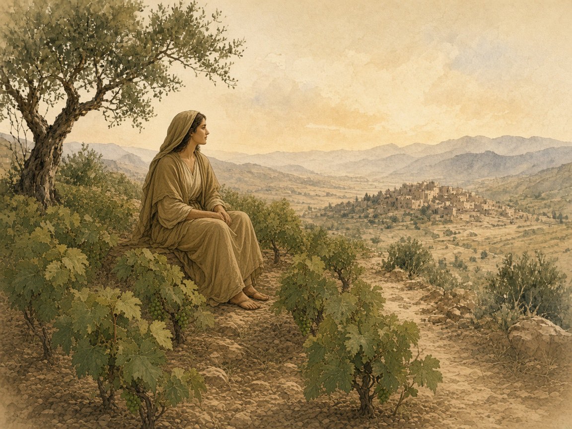 A woman stands among young grapevines with a few small clusters of fruit.