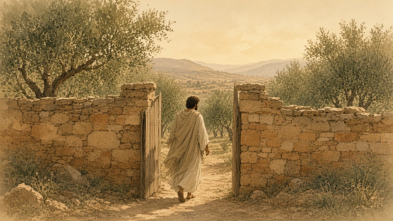 A person steps through an open gate in a stone wall into a bright orchard.