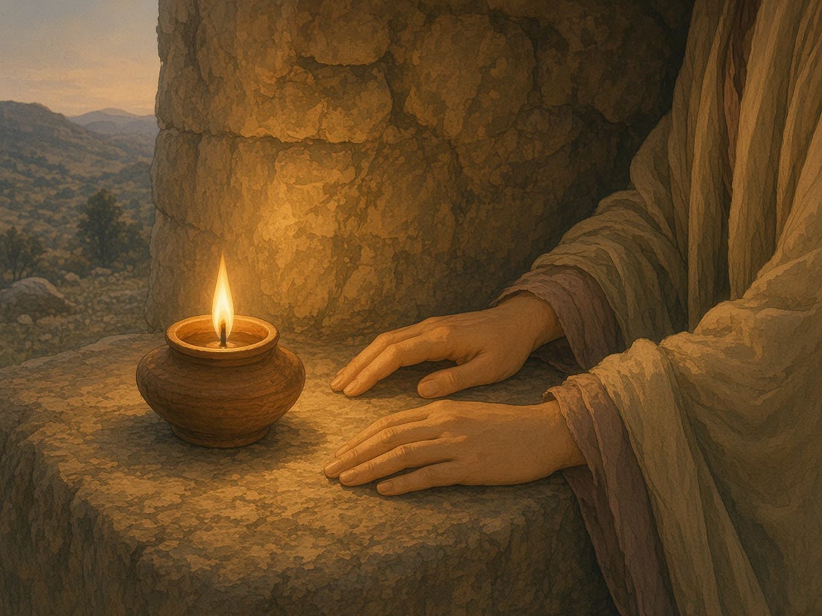A lit clay lamp and the edge of a wool cloak rest inside a stone shelter.