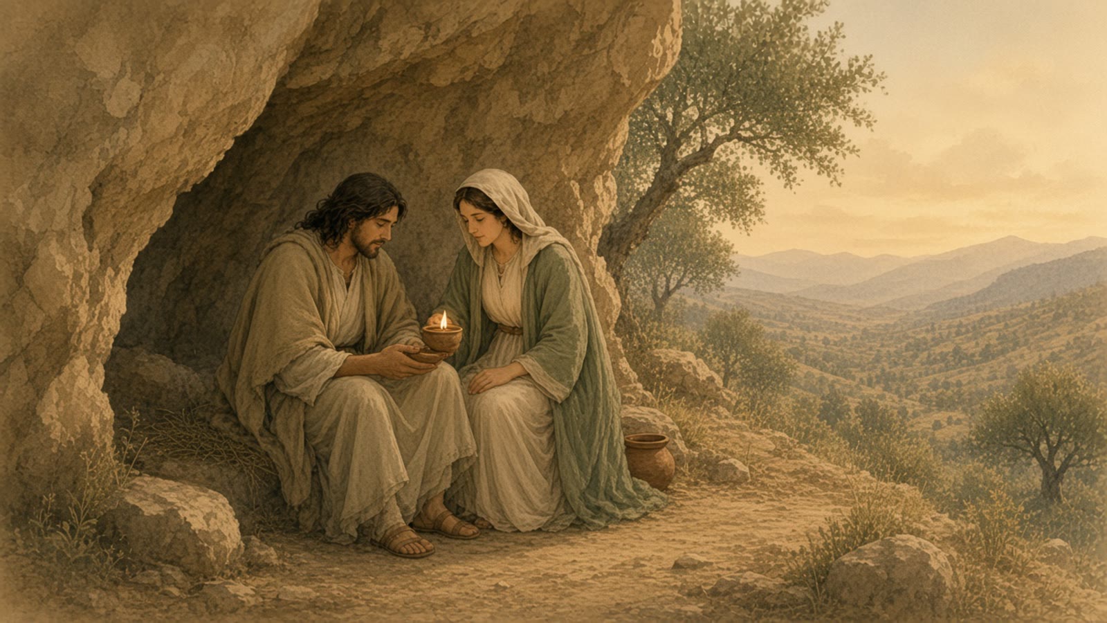 A woman holds a lit clay lamp beside a man in a wool cloak under a sandstone shelter.