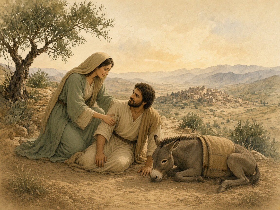 A woman helps a man up beside a resting donkey.
