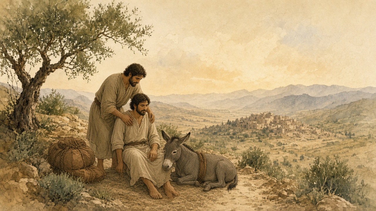 A person helps a stranger up beside a roadside where a donkey and bundles rest.