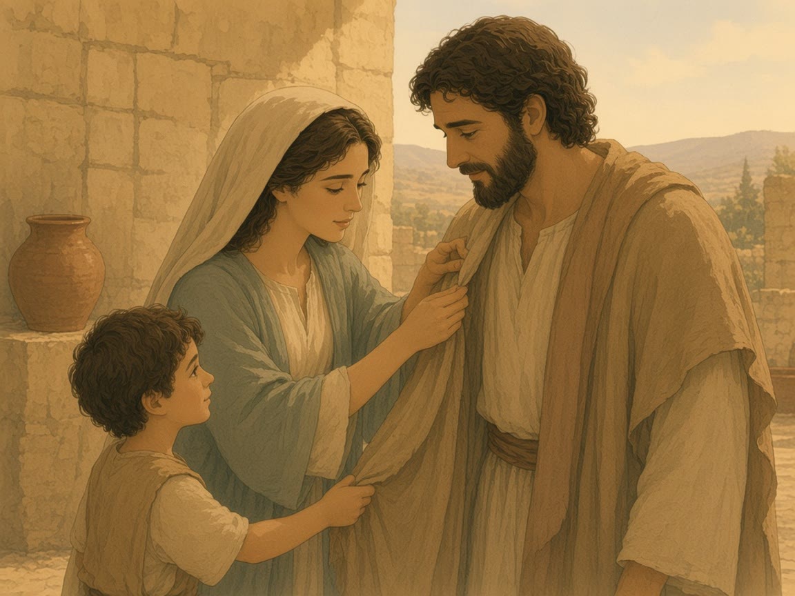 A woman ties a cloak at a man's shoulder while a child holds the hem.