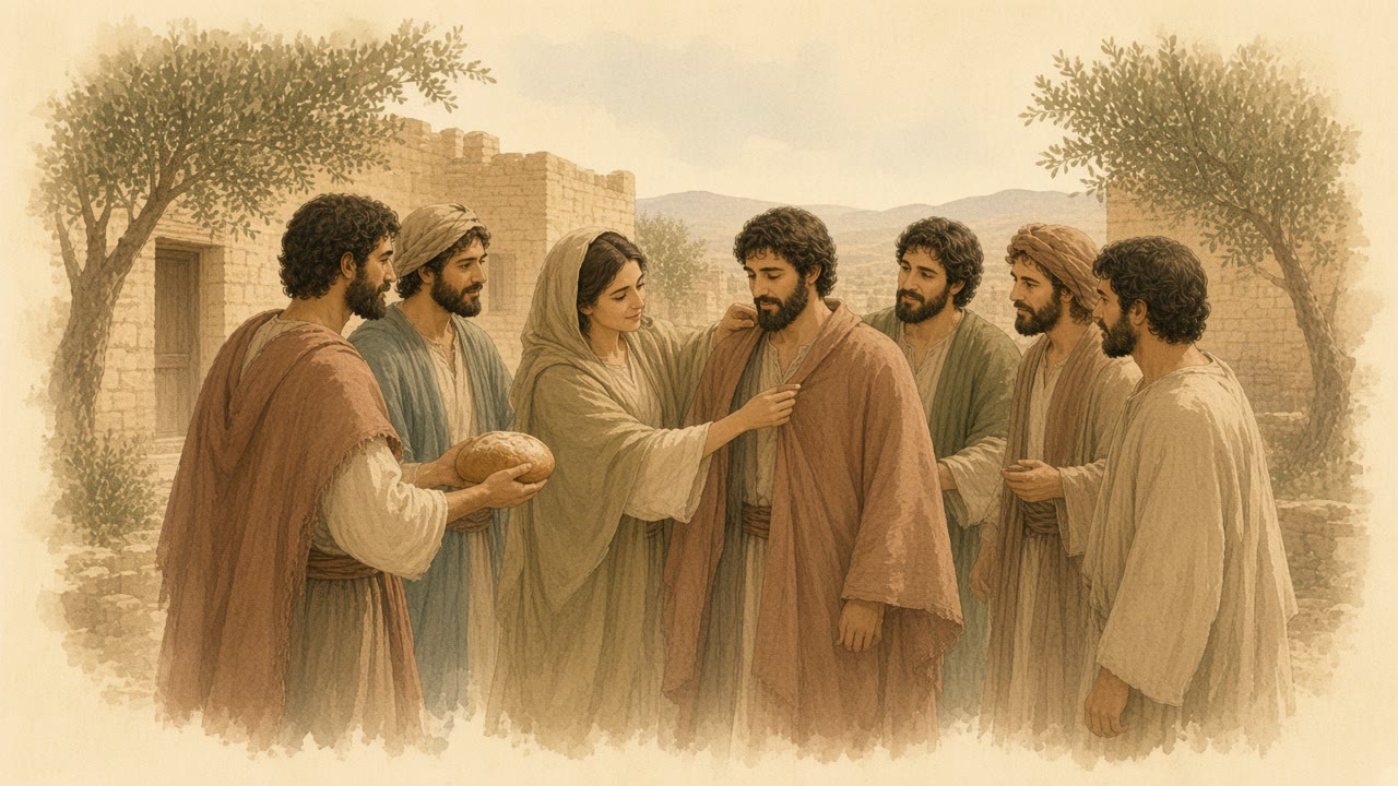 A woman fastens a wool cloak over a man's tunic while others stand nearby with bread in a courtyard.