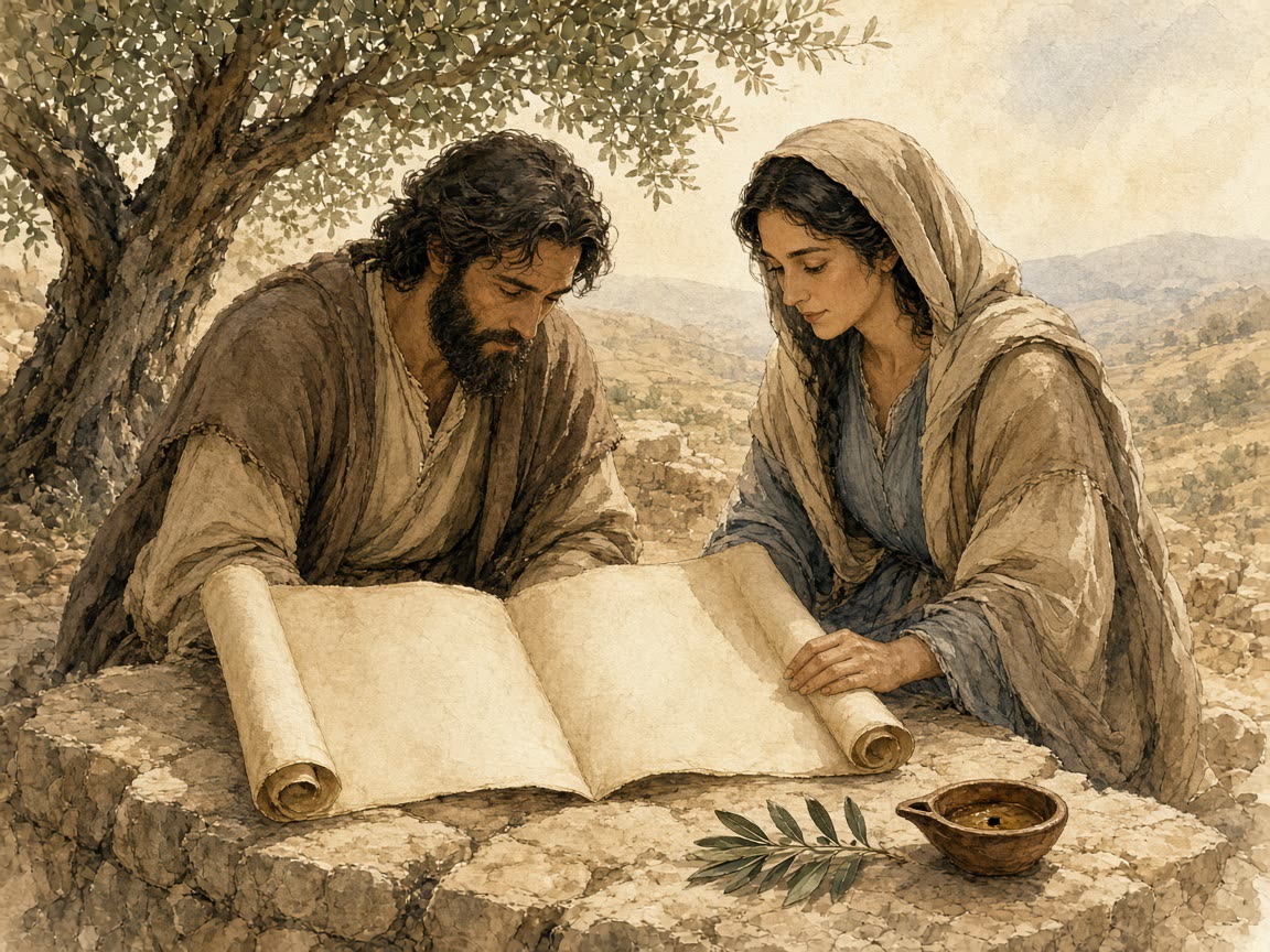 A man and a woman look at an open scroll on a low wall, with a clay lamp and an olive sprig.