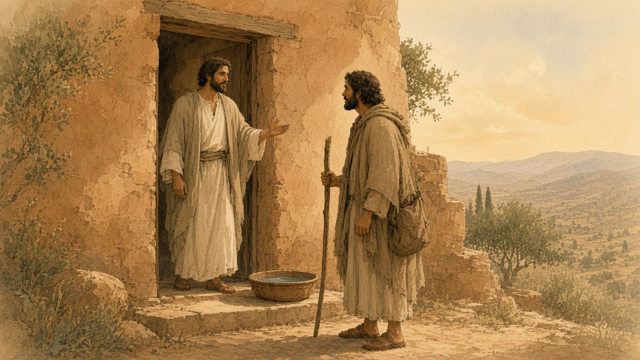 A host welcomes a dusty traveler at an open door where a basin of water is ready.