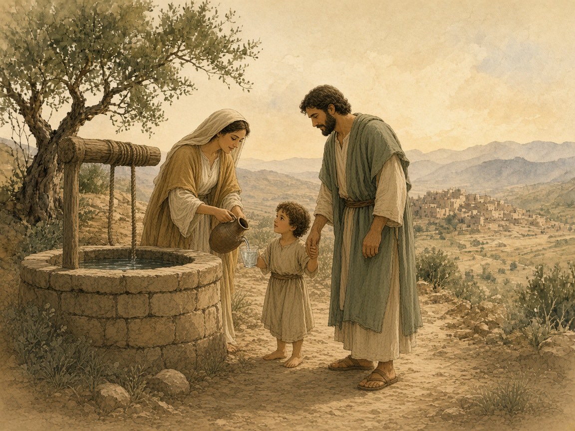 A woman offers water to a child whose hand a man is holding.