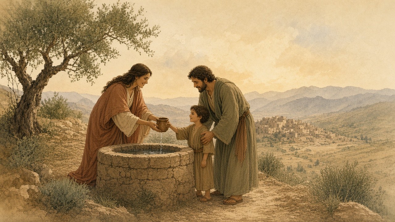 At a well, a woman offers a cup of water to a child whose hand is held by another adult.