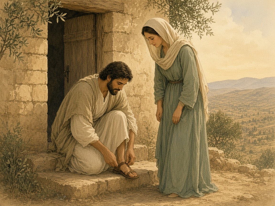 A husband kneels to fasten his wife's sandal at a doorway.