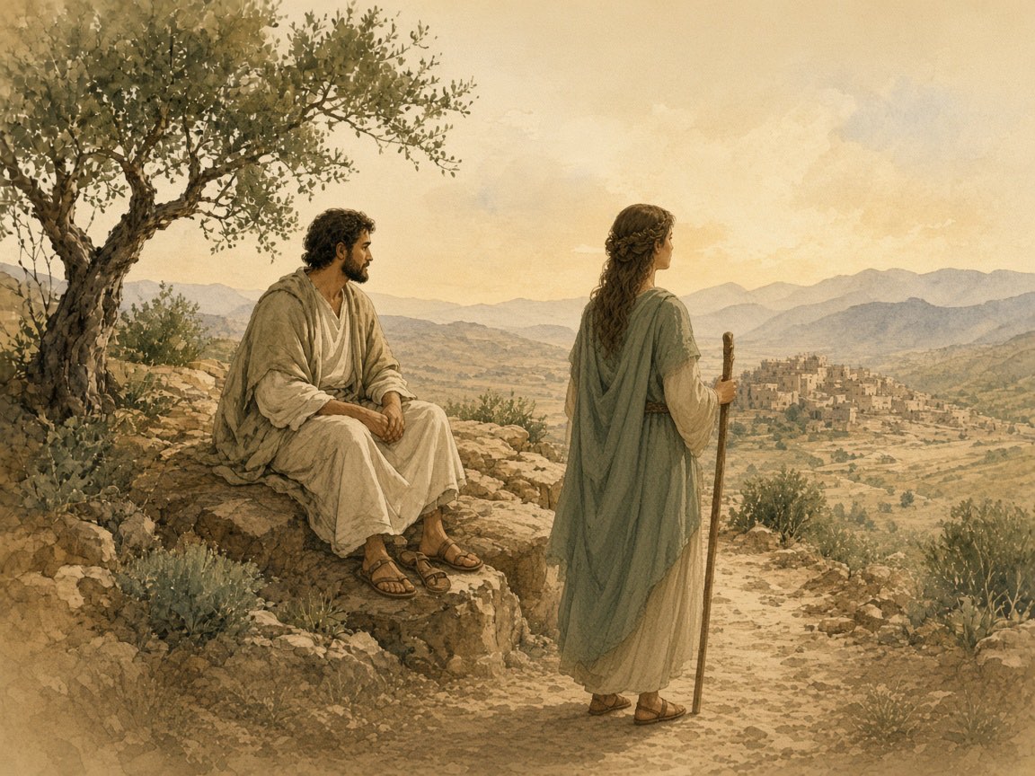 A man rests under a tree while a woman keeps watch nearby.