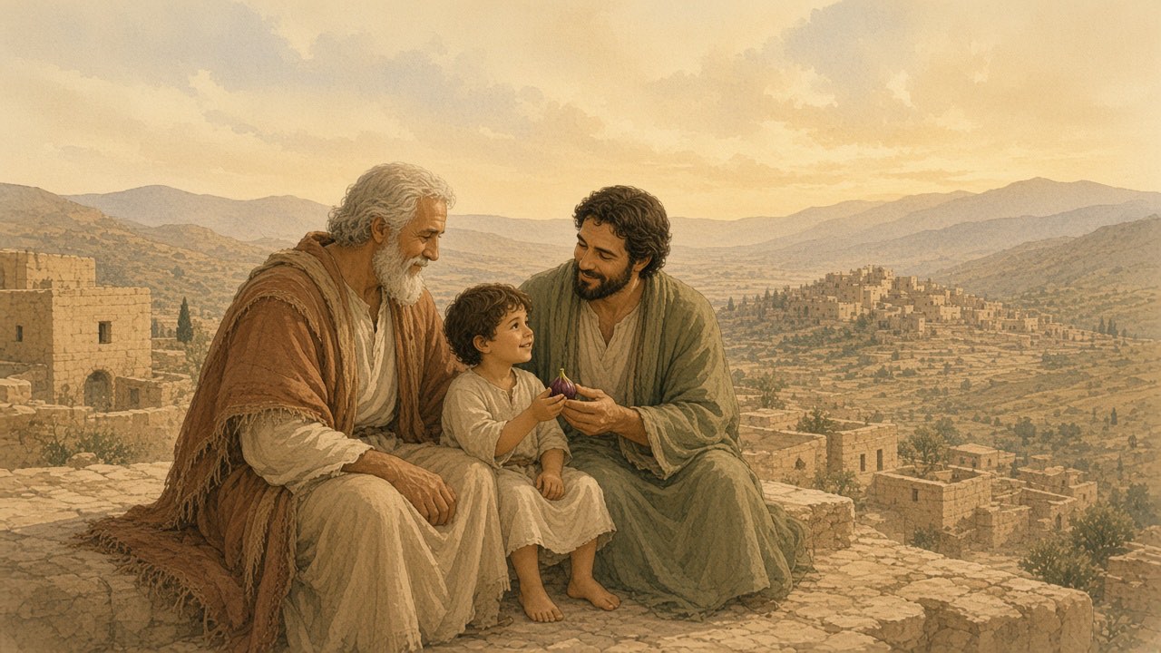 An elder, a parent, and a child sit together on a rooftop at evening sharing figs.