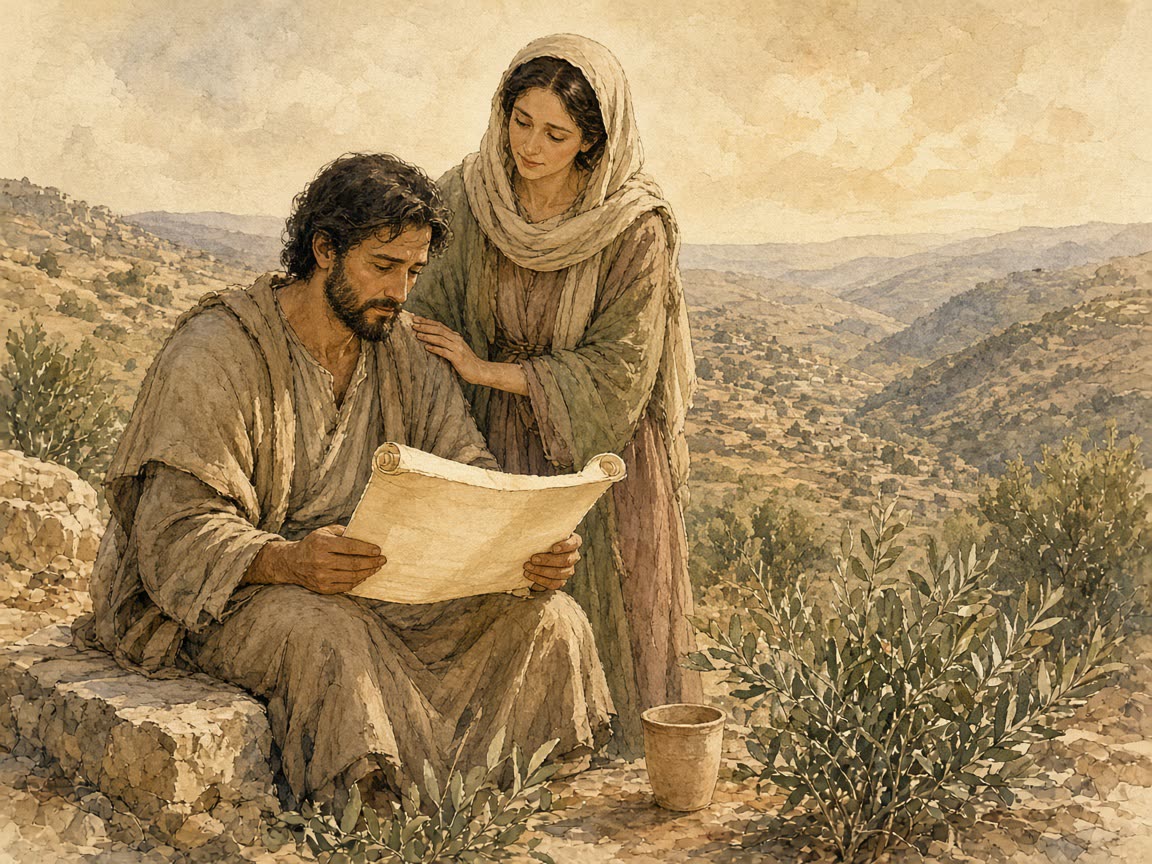 A mourner looks at an open scroll on a stone while a woman stays beside them.