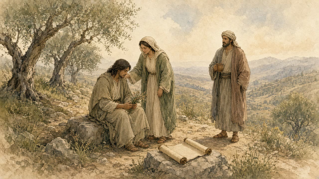 On a quiet hillside, a woman rests a hand on the shoulder of a seated mourner, with an open scroll nearby.