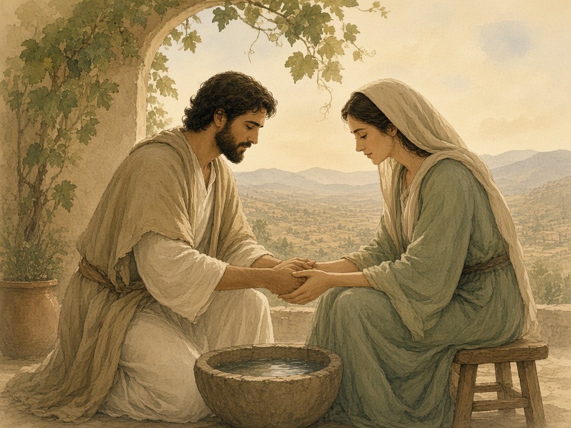 A man kneels to wash a woman's hands beside a window with a grapevine.