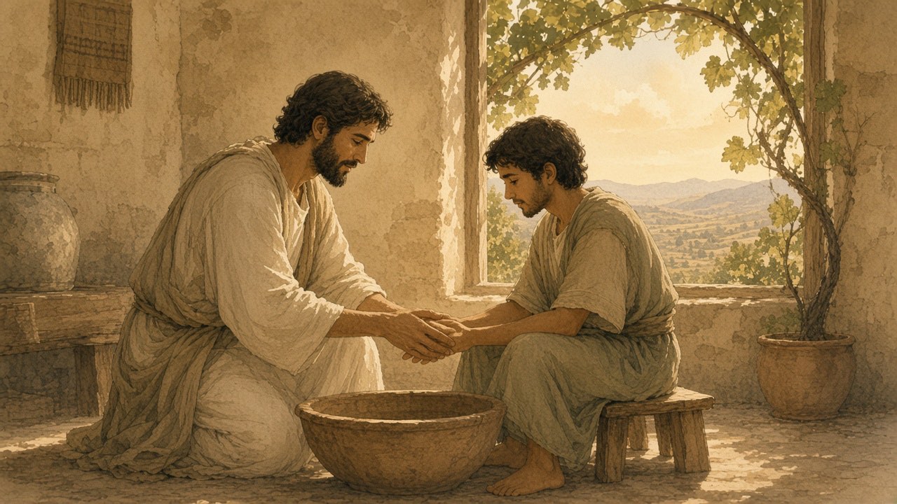 A teacher kneels to wash a friend's hands beside a window with a grapevine outside.