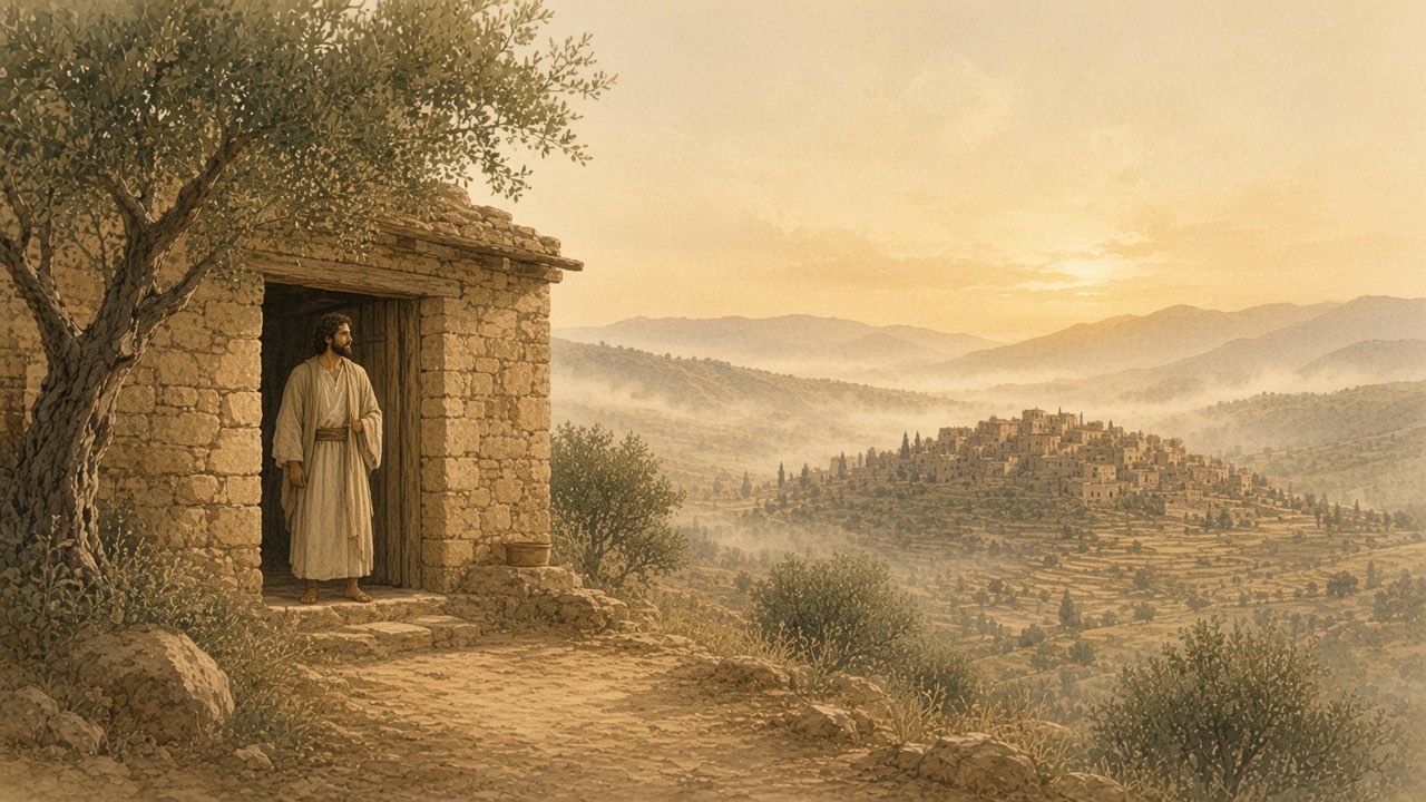 A person stands in an open doorway at dawn, looking over a quiet village and misty terraces.