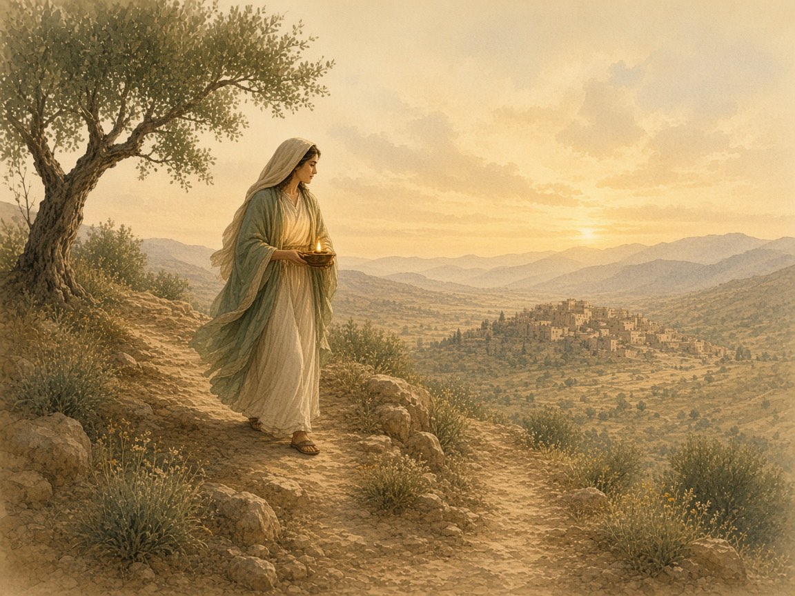 A woman with a lamp walks a ridge path at dawn.