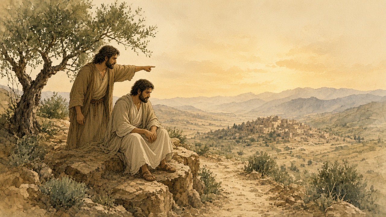 A companion points a resting traveler toward a town on the next hill.