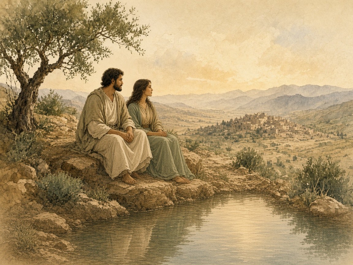 A man and a woman sit beside a still pool among reeds.