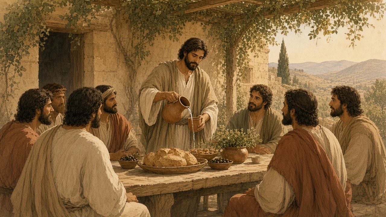 A host pours water for guests at a table of bread and olives under a vine trellis.