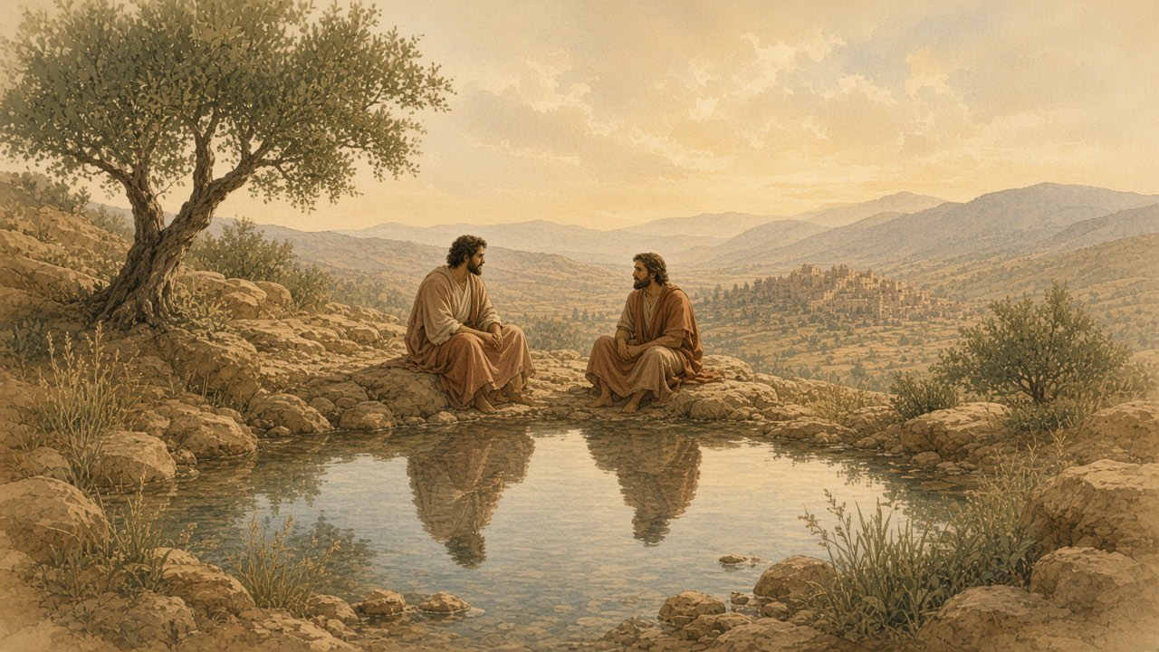 Two people sit calmly beside a still pool among reeds in a rocky valley.