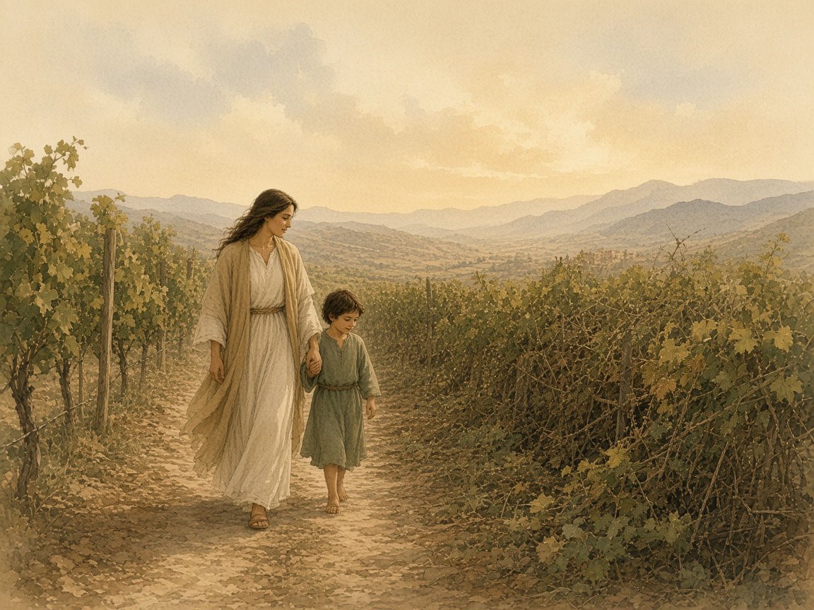A son follows his mother along a clear vineyard path.