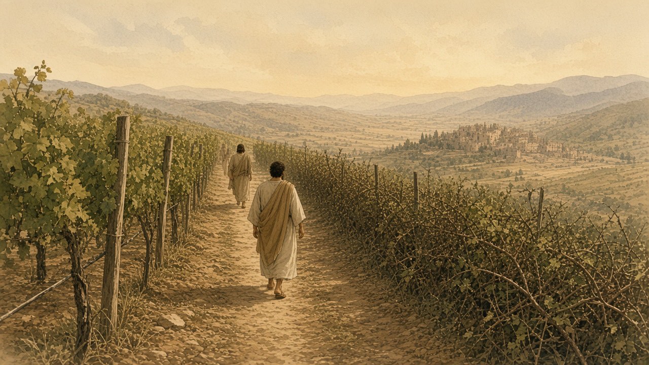 A youth follows a parent along a clear vineyard path beside a tangled shortcut.