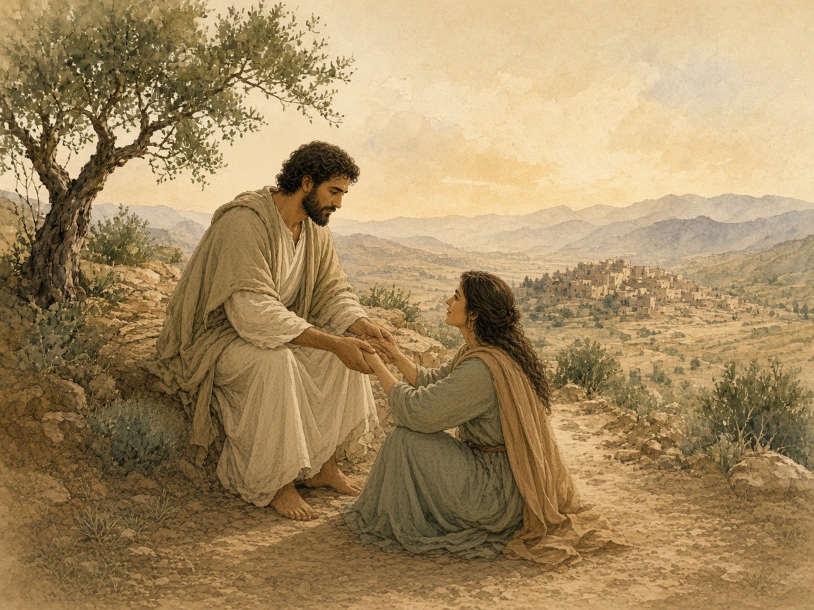 A man helps a woman up from the dust beside a road.