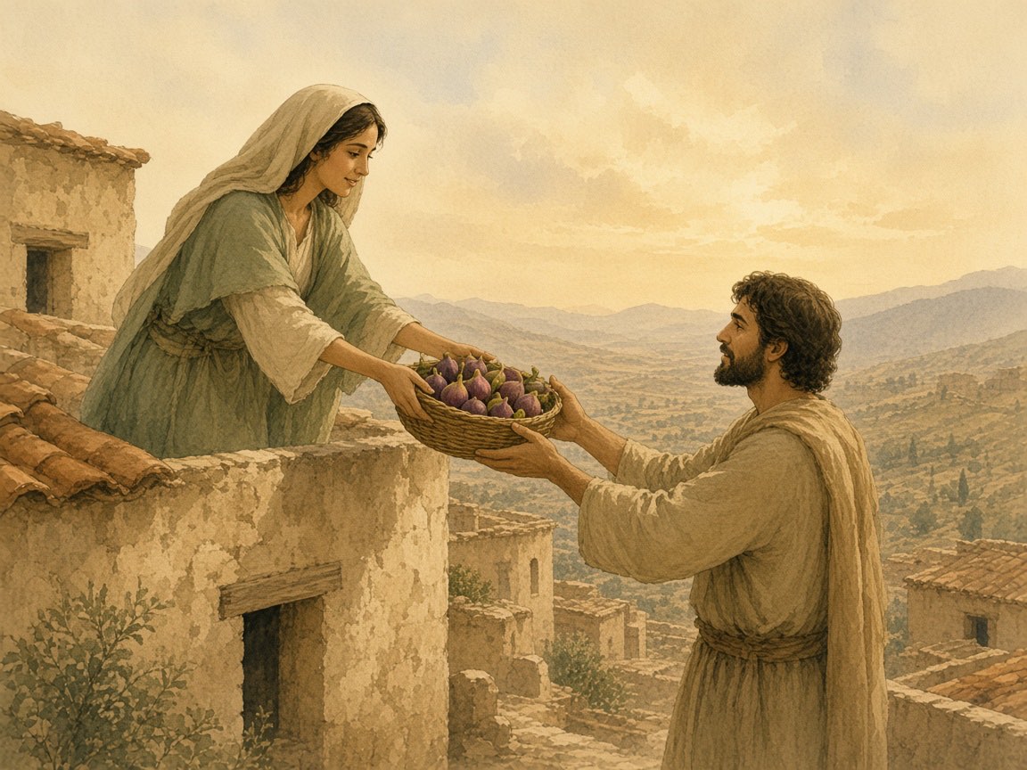 A woman passes a basket of figs across to a man on the next rooftop.