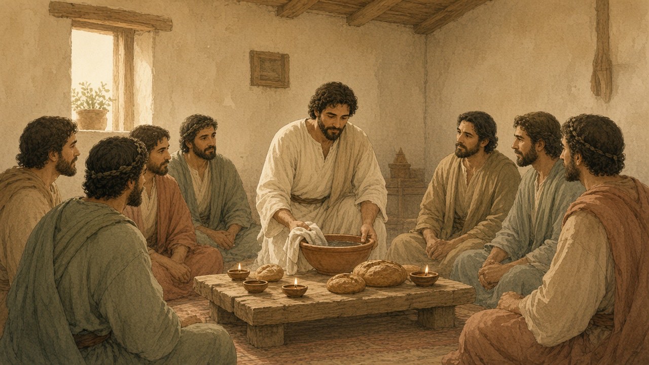 Friends gather around a low table while one kneels with a towel and basin.
