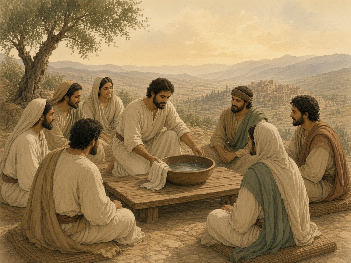 Men and women gather at a table while one man kneels with a basin.