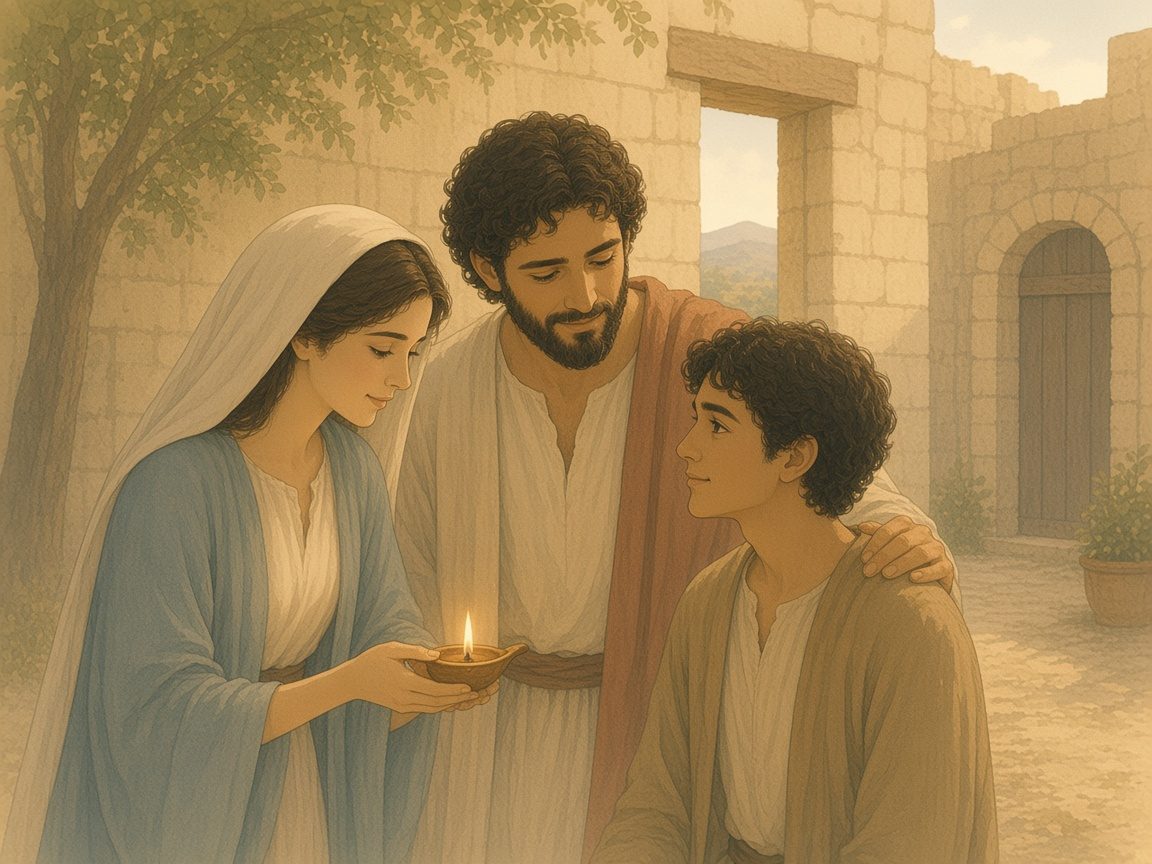 A father rests a hand on his son's shoulder at a dawn gateway while the mother holds a clay lamp.