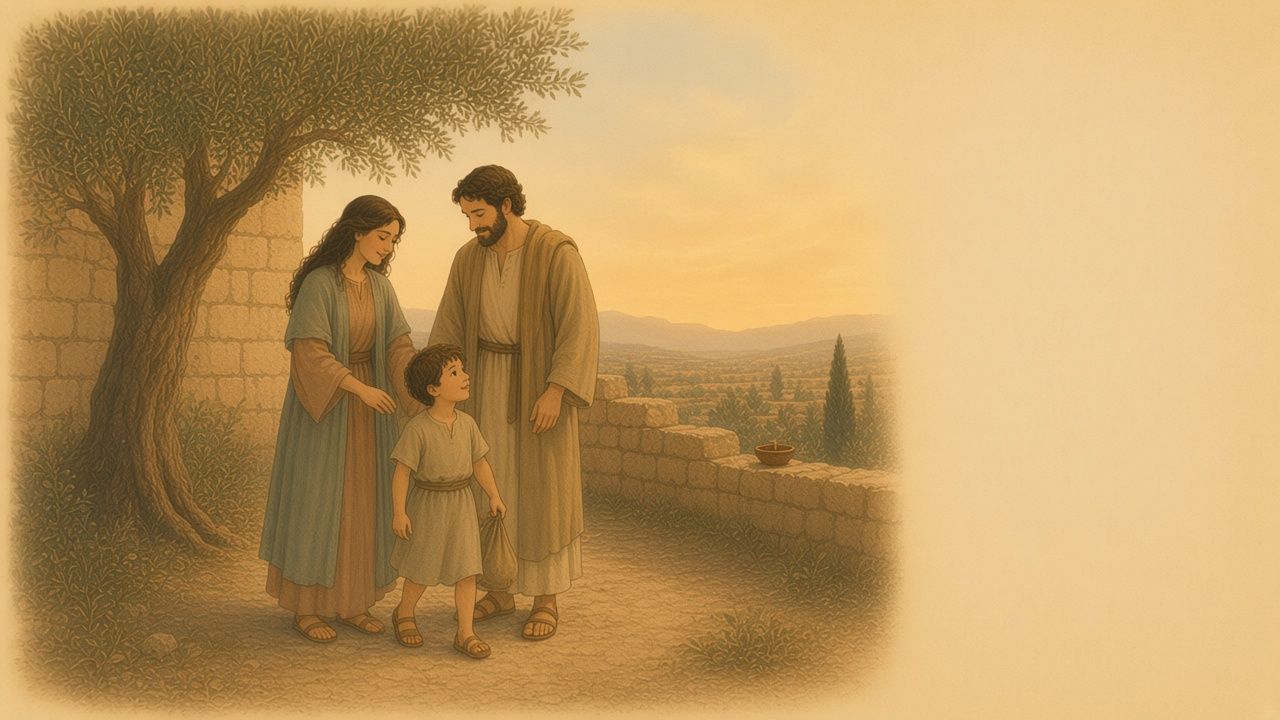 A father and mother stand in a village gateway as their son steps onto the road at dawn.