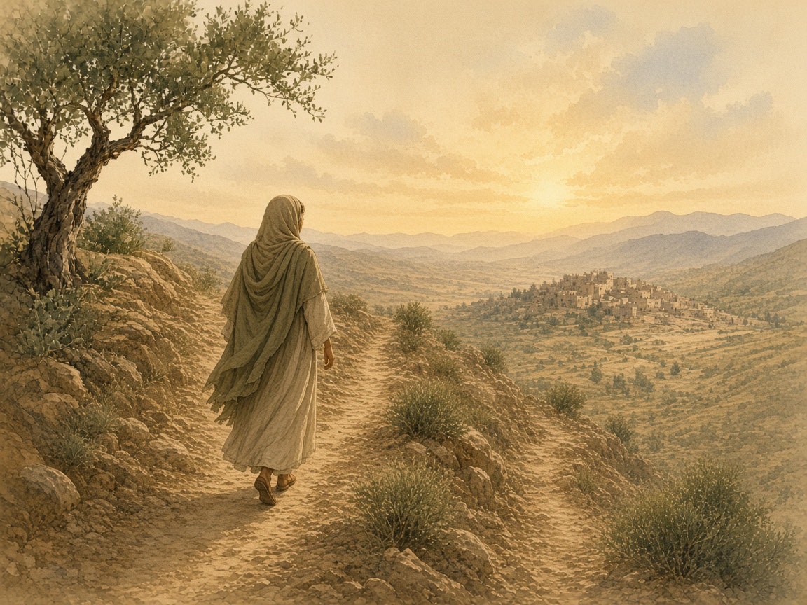 A woman walks a long switchback path toward morning light.