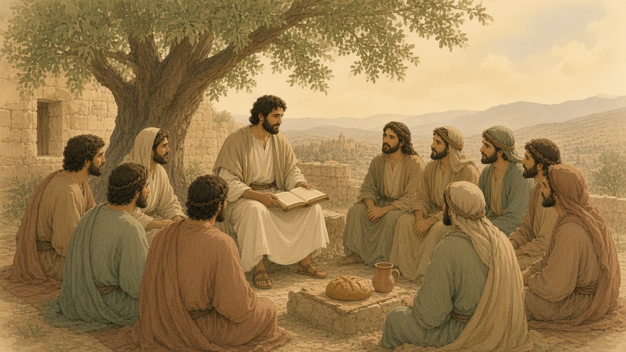 A small group sits around an open scroll, bread, and a clay cup under an olive tree.