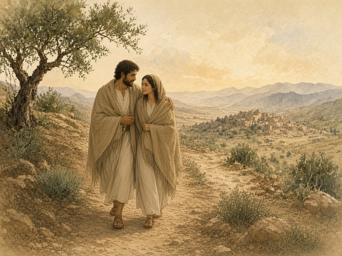 A man and a woman share one cloak while walking side by side.
