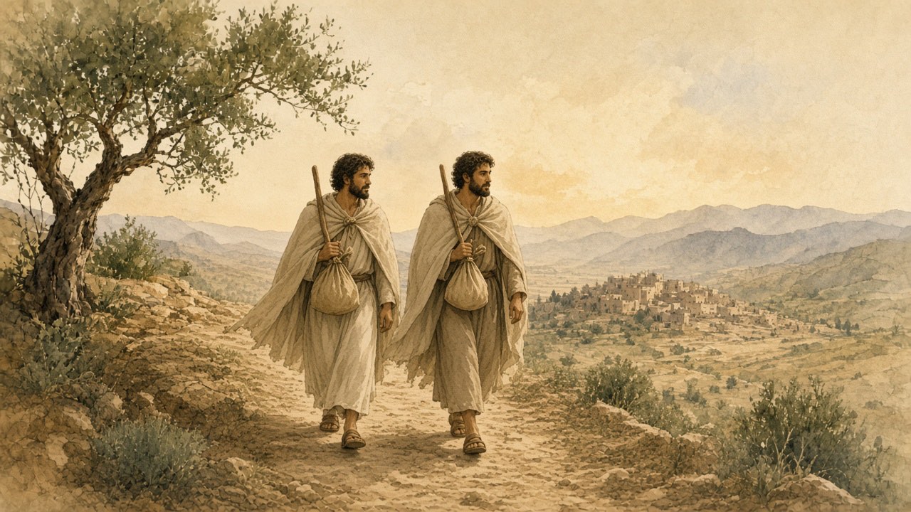 Two travelers share one cloak as they walk side by side on a windy road.