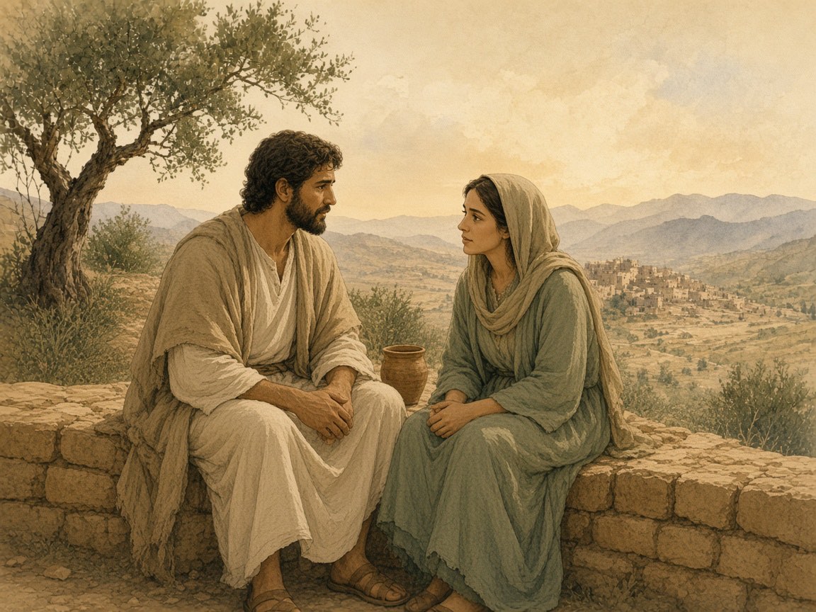 A man and a woman talk on a low wall with a cup between them.