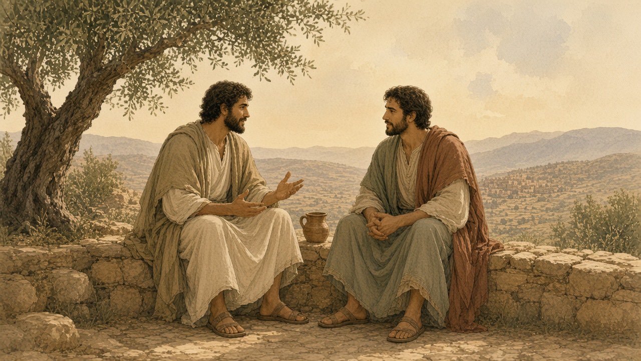 Two friends sit on a low wall in conversation, a shared cup between them.
