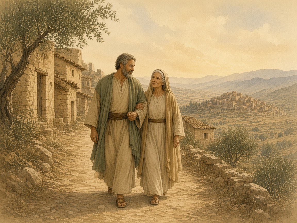 An older man and an older woman walk arm in arm on a village lane.