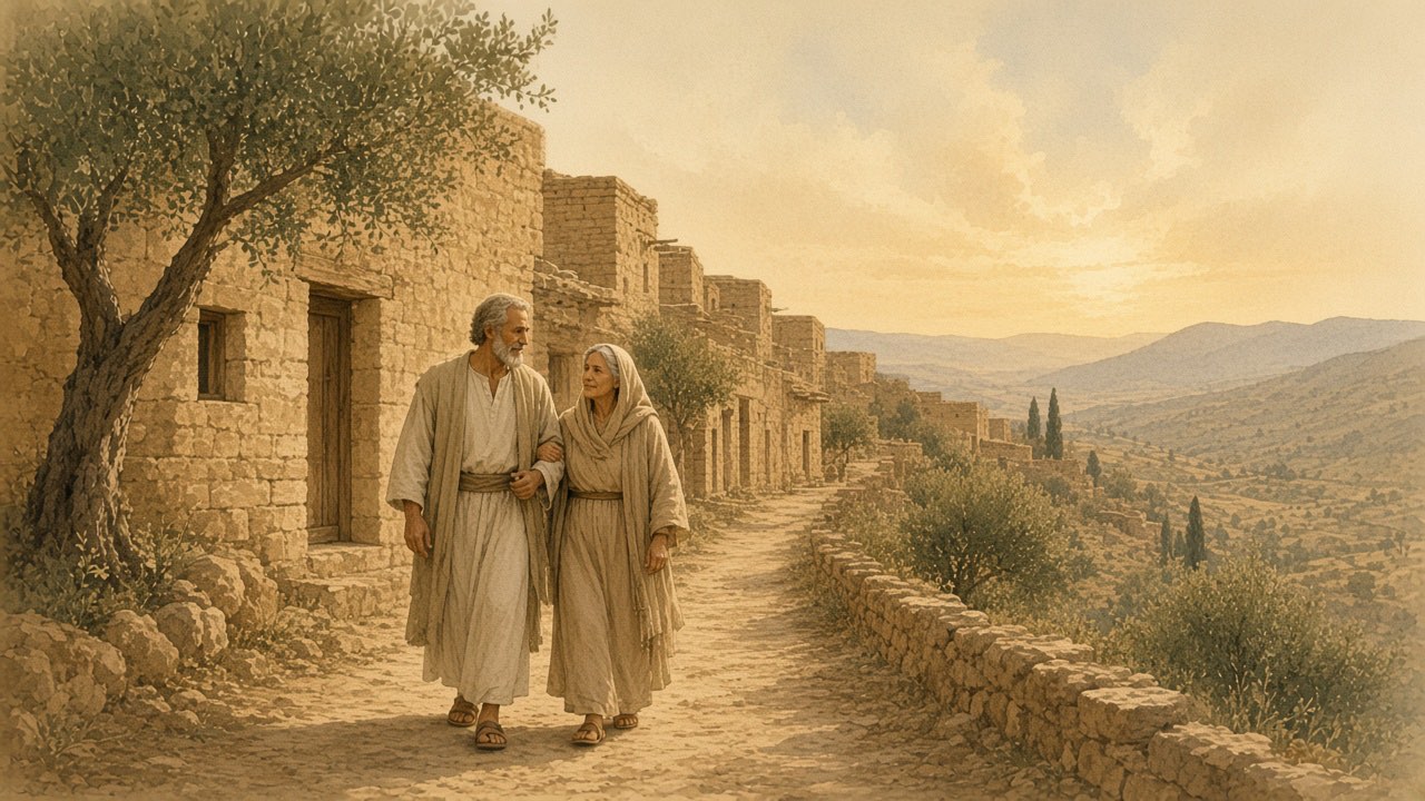 An older man and an older woman walk arm in arm on a village lane.
