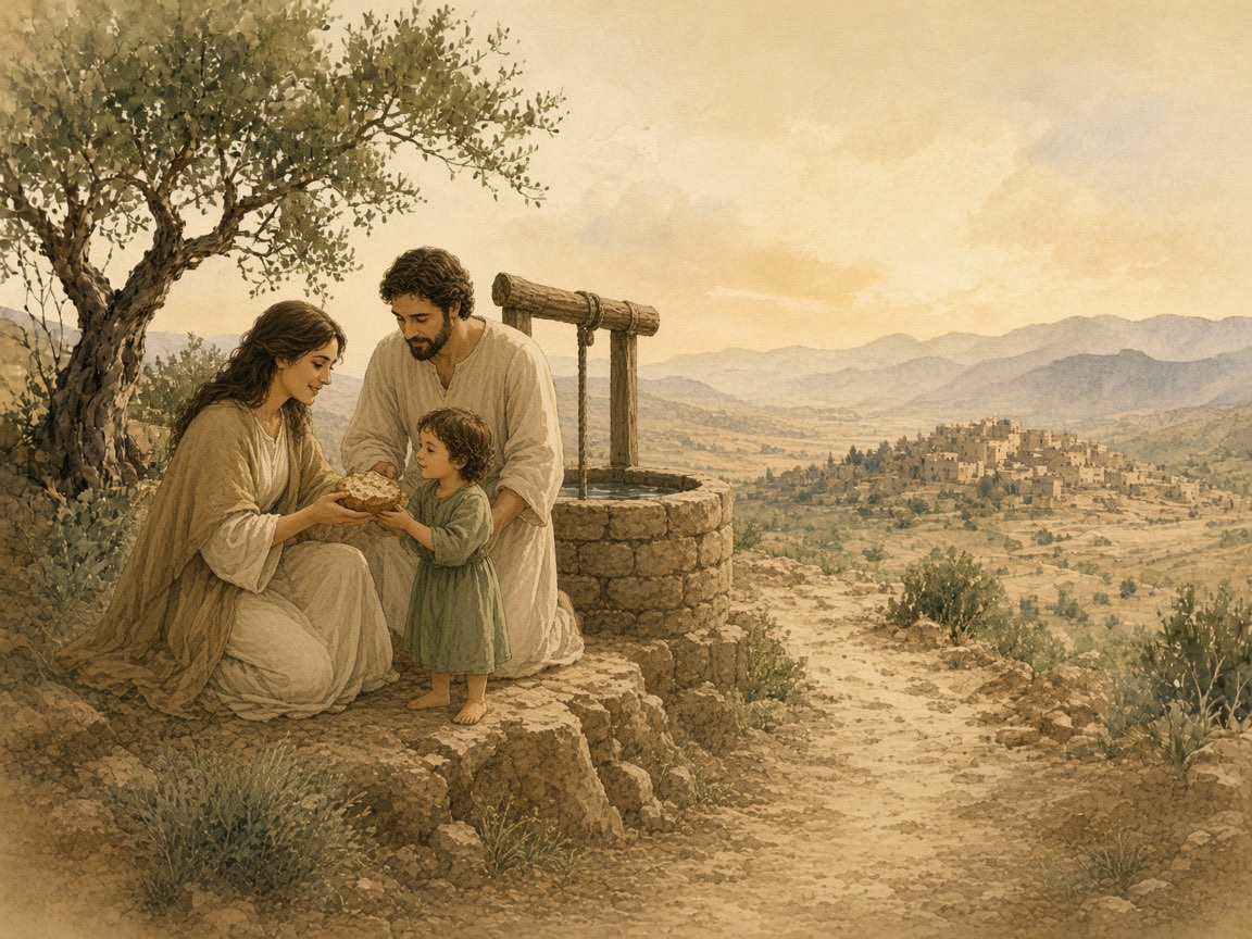 A mother shares bread with a child while a father stands near a well.