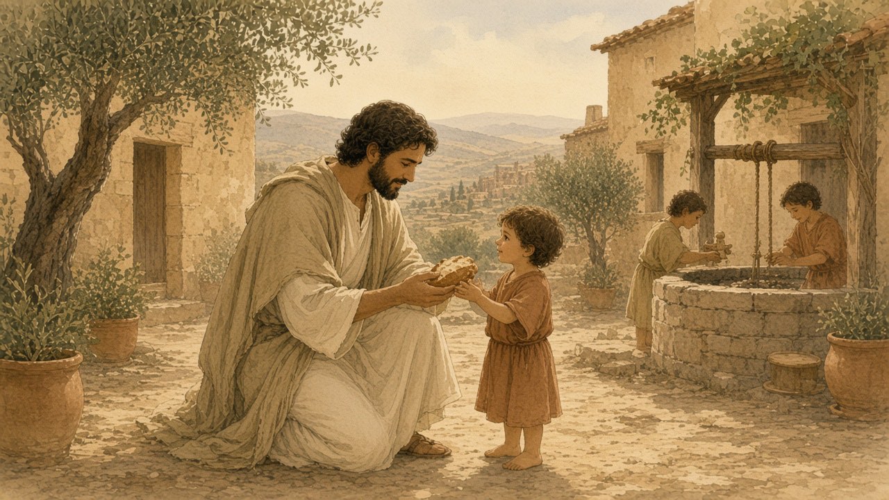 An adult kneels to share bread with a child in a courtyard while other children play near a well.