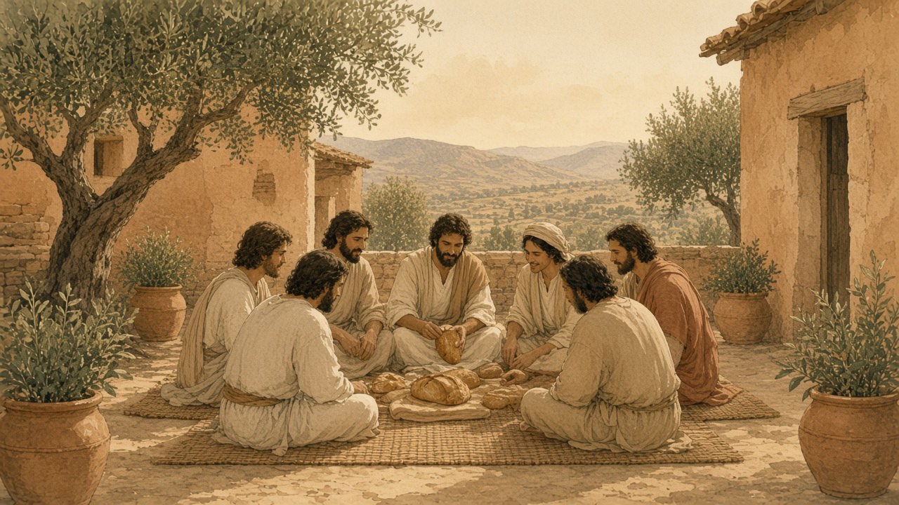A small group shares bread together on a mat in a house courtyard.